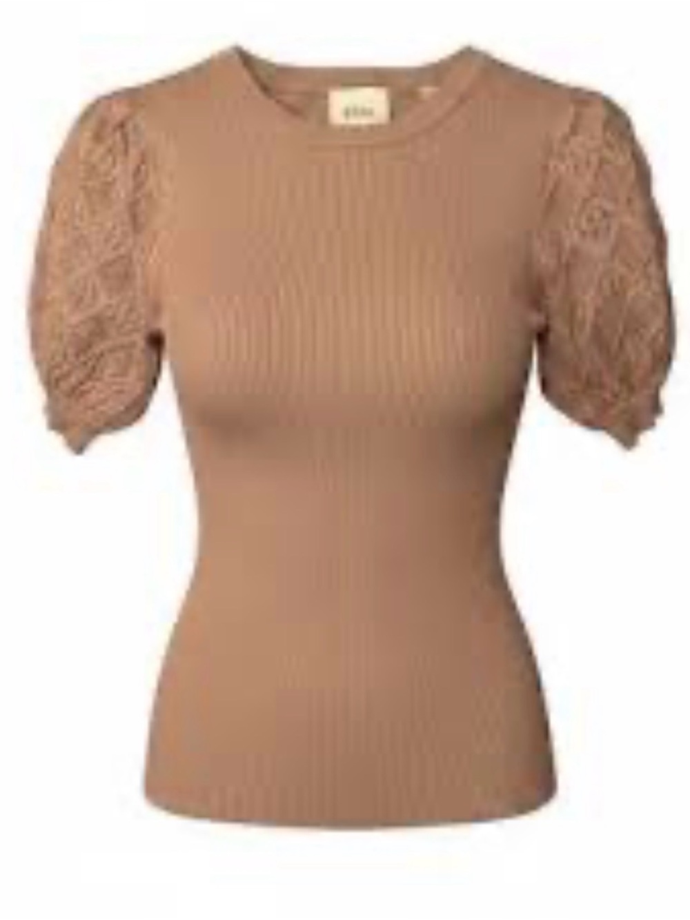 Elie Tahari Tan Ribbed Knit Top with Lace Puff Sleeves